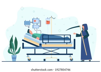 Patienten sterben in der Intensivstation. Scythe des Todes, Lebenserhaltungssystem. Flache Vektorgrafik. Coronavirus-Krankenhaus, schwere Bedingung Konzept für Banner, Website-Design oder Landung Webseite