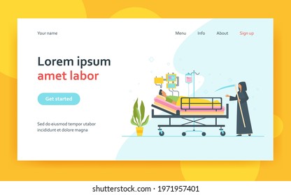 Patient dying in intensive care unit. Scythe of death, life support system. Flat vector illustration. Coronavirus hospital, grave condition concept for banner, website design or landing web page