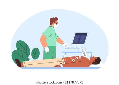 Patient at ECG procedure at doctors office. Doctor checks heart health with electrocardiogram. Cardiovascular checkup with cardiogram in hospital. Flat vector illustration isolated on white background