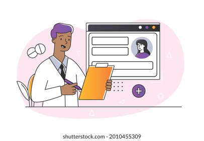 Patient electronic chart concept. Therapist makes notes in the patient s medical record. Modern technologies in medicine. Cartoon doodle flat vector illustration isolated on a white background