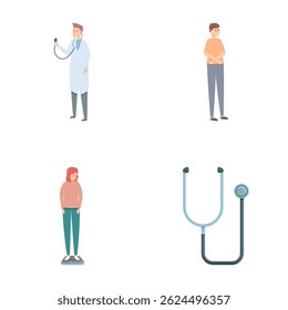 Patient examination icons set cartoon vector. Patient at doctor appointment. Healthcare concept