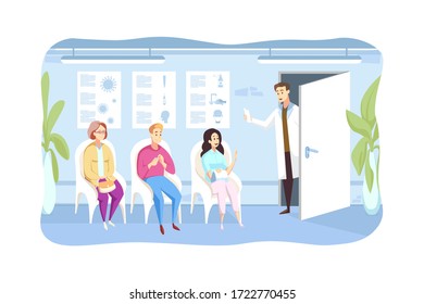 Patient, examination, queque, medicine concept. Doctor calls waiting people man and women cartoon characters sitting in line in hospital hall to cabinet. Healthcare and medical reception illustration.