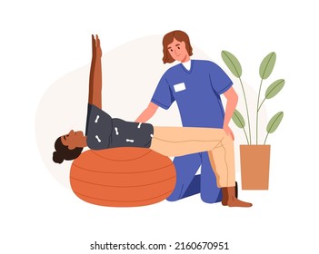 Patient Exercising With Ball At Rehabilitation Therapy. Nurse Doctor Helping Woman With Physical Disability At Physiotherapy, Rehab Treatment. Flat Vector Illustration Isolated On White Background