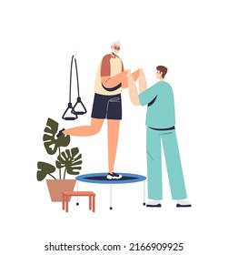 Patient Exercising At Rehabilitation Therapy. Nurse Doctor Helping Man With Physical Disability At Physiotherapy, Rehab Treatment. Physio Rehab Center. Cartoon Flat Vector Illustration