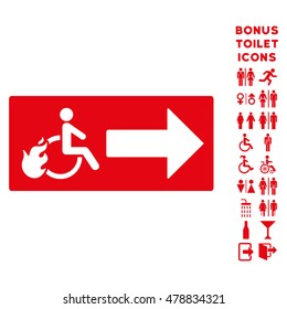 Patient Exit icon and bonus gentleman and female WC symbols. Vector illustration style is flat iconic symbols, red color, white background.