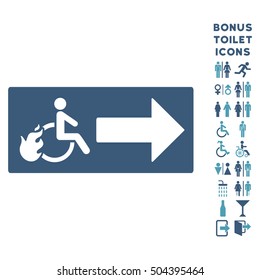 Patient Exit icon and bonus gentleman and woman WC symbols. Vector illustration style is flat iconic bicolor symbols, cyan and blue colors, white background.