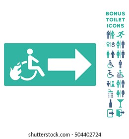 Patient Exit icon and bonus man and woman toilet symbols. Vector illustration style is flat iconic bicolor symbols, cobalt and cyan colors, white background.