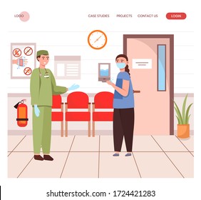 Patient in face mask come to hospital to visit doctor. Woman sanitize her hands to protect from corona virus. Concept illustration. Vector web site design template. Landing page website illustration