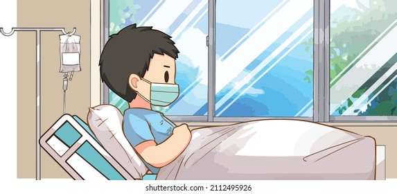 A patient in Face Mask is lying on the bed beside the window at the hospital in the daytime. Patient care during illness. The sick man needs some treatment. Freehand drawing cartoon vector