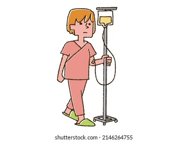 Patient (female) moving with a drip stand Comical handwritten person Vector, color on line drawing