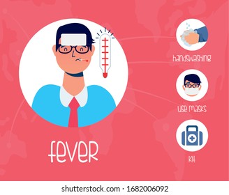 patient with fever and prevention methods vector illustration design