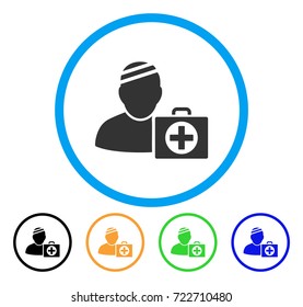 Patient First Aid Case rounded icon. Style is a flat patient first aid case grey symbol inside light blue circle with black, yellow, green, blue variants.