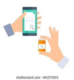 Patient gets prescription by phone and buys drugs. Telemedicine and telehealth vector  flat concept illustration. One hand holding a phone with rx prescription, another holding container with cure.