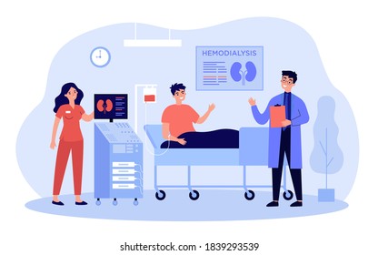 Patient getting kidney disease treatment or dialysis flat vector illustration. Cartoon doctors doing hemodialysis in hospital for man. Medicine and health care concept
