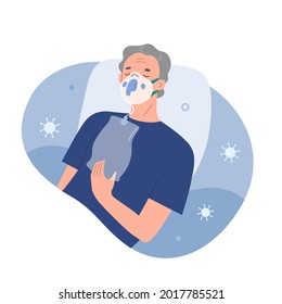 Patient getting oxygen theraphy against covid-19 hypoxemia in medical facility, senior woman suffering from low saturation lying wearing disposable oxygen mask, vector cartoon illustration