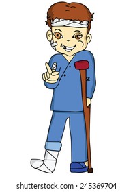 Patient got hurt but still fight, hand with victory sign