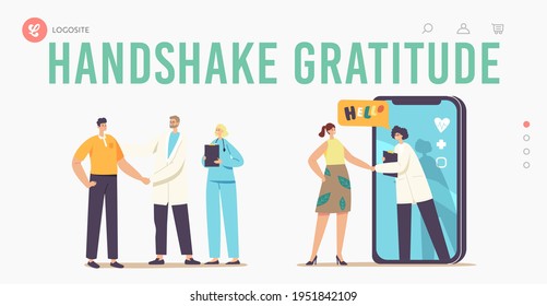 Patient Gratitude Doctors with Shaking Hand Landing Page Template. Medicine Consultation, Smart Medical Technologies. Doctors Characters Communicate with Client. Cartoon People Vector Illustration
