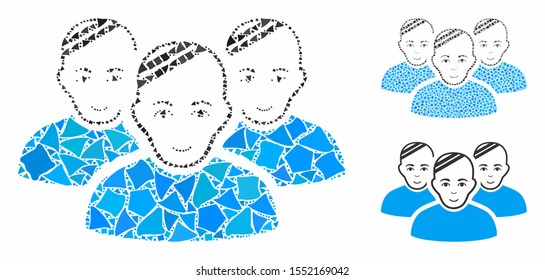 Patient group mosaic of irregular items in variable sizes and color hues, based on patient group icon. Vector raggy items are organized into mosaic. Patient group icons collage with dotted pattern.