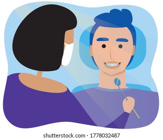 Patient or guy with braces and orthodontist, doctor, dentist in orthodontic, dental clinic. Flat vector stock illustration as a concept of dental treatment, alignment of molars, wearing braces