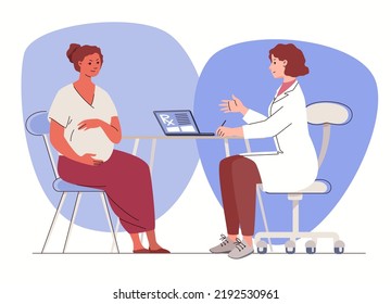 Patient in gynecologist's office. Pregnant woman and doctor. Consultation and observation in gynecological clinic. Concept of women's health and birth of healthy children. Vector cartoon illustration.