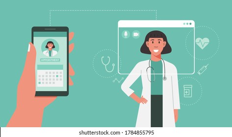 Patient Hand Holding Phone And Using Mobile App To Book Doctor Appointment Online, Healthcare, Medical And Technology Concept, Flat Vector Illustration