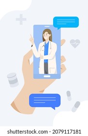 Patient hand holding smartphone and consulting with white female doctor online via mobile phone. Healthcare and medical concept. Hand draw style. Vector illustration.