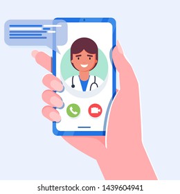 Patient Hand holding smartphone with male therapist on video call and an online consultation. Vector flat illustration. Ask doctor. Online medical advise or consultation service, tele medicine 