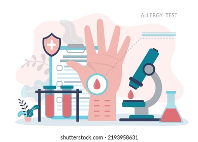 Patient Hand With Incisions For Testing For Allergens. Large Microscope With Drop Of Blood For Research. Allergology And Immunology. Taking Blood Test To Detect Allergies. Flat Vector Illustration