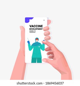 patient hands discussing with female arab doctor during video call smartphone screen vaccination online consultation concept portrait vector illustration