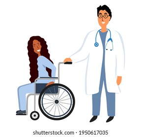 Patient happy disabled afro american woman sitting in wheelchair and male doctor in hospital isolated. Medical service. Rehabilitation. Healthcare concept. Vector illustration in flat cartoon style. 