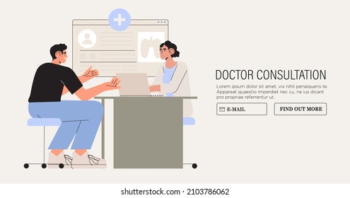 Patient having conversation with doctor in private clinic. Modern health care services concept. Flat cartoon vector illustration of man at the doctor's appointment sit and talk at the table in office.