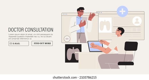 Patient Having Conversation Or Video Call With Doctor. Modern Health Care Services And Online Telemedicine Concept. Flat Cartoon Vector Illustration. Online Medical Consultation.