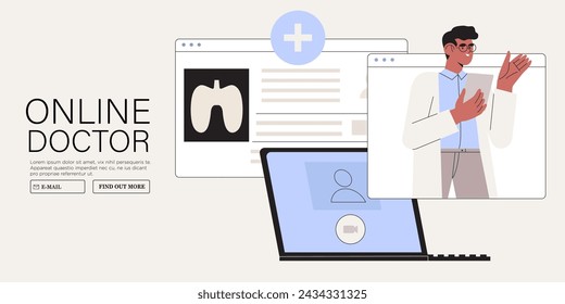 Patient having conversation or video call with doctor on laptop. Modern health care services and online medicine app concept. Flat cartoon vector illustration. Online medical consultation. Healthcare 