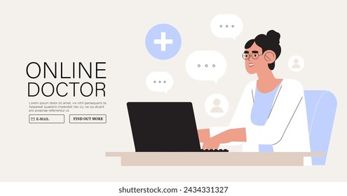 Patient having conversation or video call with doctor on laptop. Modern health care services and online medicine app concept. Flat cartoon vector illustration. Online medical consultation. Healthcare 