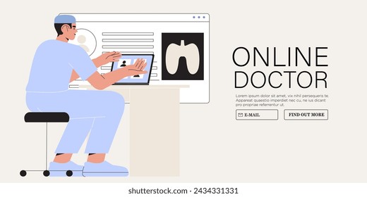 Paciente que tiene conversación o videollamada con el médico en la computadora portátil. Concepto de aplicación de servicios modernos de atención médica y medicina en línea. Ilustración de vector de dibujos animados. Consulta médica en línea. Sanidad 