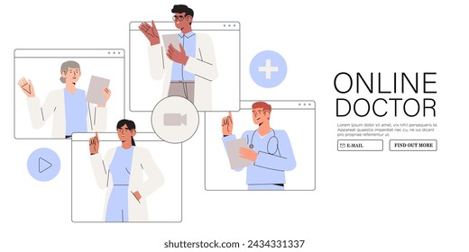 Patient, der ein Gespräch oder eine Videokonferenz mit einem Arzt auf einem Laptop führt. Moderne Gesundheitsdienstleistungen und Online-Medizin-App-Konzept. Flache Cartoon Vektor-Illustration. Online-Konsultation für Ärzte. Gesundheitswesen 