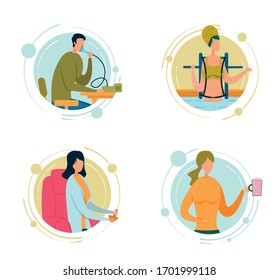 Patient Having Medical Procedure. Man Breathing With Mask Inhaler Compressor Nebulizer. Underwater Spinal Traction, Doctor In Robe For Phytotherapy Flat Cartoon Vector Illustration.