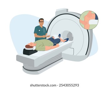 Um paciente com uma ressonância magnética no joelho e um médico ao lado dele.