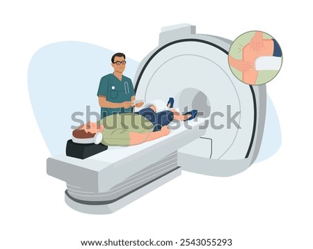 A patient having an MRI on his knee and a doctor next to him.