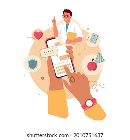 Patient having Online Conversation with Doctor vector illustration. Doctor online concept. Hands holding smartphone with video call on screen. Health care application on device with medical icons. 