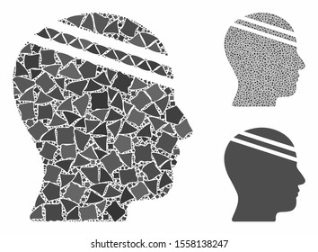 Patient head composition of tremulant items in variable sizes and color tones, based on patient head icon. Vector unequal items are organized into collage.