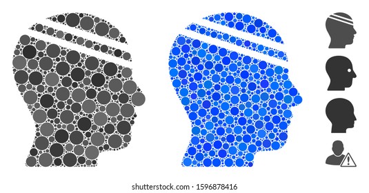 Patient head mosaic of circle elements in different sizes and color hues, based on patient head icon. Vector circle elements are combined into blue collage.
