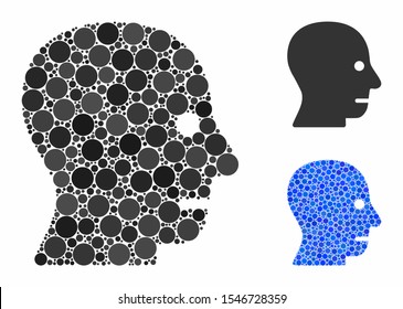 Patient head mosaic of small circles in variable sizes and shades, based on patient head icon. Vector small circles are composed into blue mosaic. Dotted patient head icon in usual and blue versions.