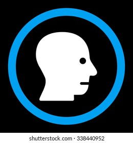 Patient Head vector icon. Style is bicolor flat rounded symbol, blue and white colors, rounded angles, black background.