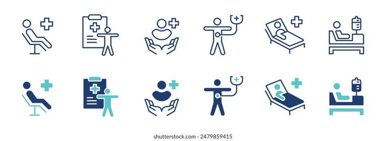 Patientengesundheitsbehandlung Icon Vektorgrafik Set Menschen Medizinische Diagnoseuntersuchungen in Krankenhausbett Zeichen Illustration