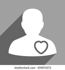 Patient Heart long shadow vector icon. Style is a flat patient heart white iconic symbol on a gray square background.