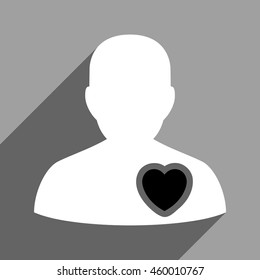 Patient Heart long shadow vector icon. Style is a flat patient heart black and white iconic symbol on a gray square background.