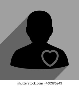 Patient Heart long shadow vector icon. Style is a flat patient heart black iconic symbol on a gray square background with longshadow.