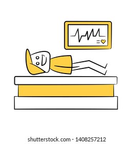 patient and heart signal monitor icon in yellow stick figure theme