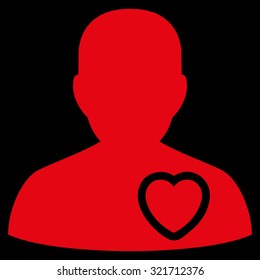 Patient Heart vector icon. Style is flat symbol, red color, rounded angles, black background.